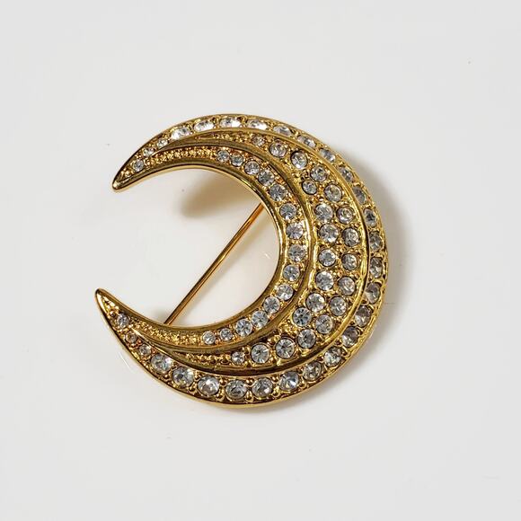 Vintage Joan Rivers Gold Tone Rhinestone Crescent Moon Pin Brooch - Picture 1 of 4